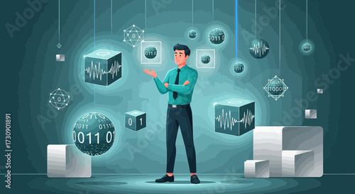 Illustration showcasing a man presenting data visualization and binary code elements surrounding