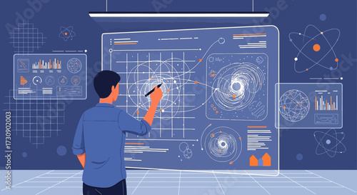 Illustrative depiction of a scientist analyzing complex scientific data on a digital screen