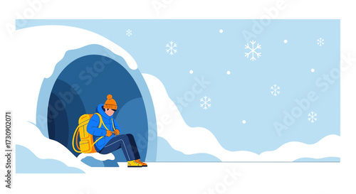 Illustrative image of a traveler resting inside a snow cave during winter wonderland scene