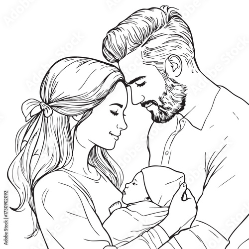 Family Love Vector — Black and White Illustration of Parents Holding Baby in Tender Forehead Touch and Emotional Bonding Moment