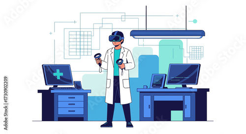 Innovative healthcare doctor using virtual reality simulation in modern medical office