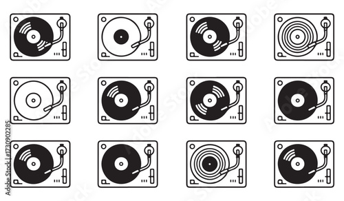 Vintage turntable and record outline icon pack with spinning disc, audio entertainment, sound equipment, and DJ console illustrations