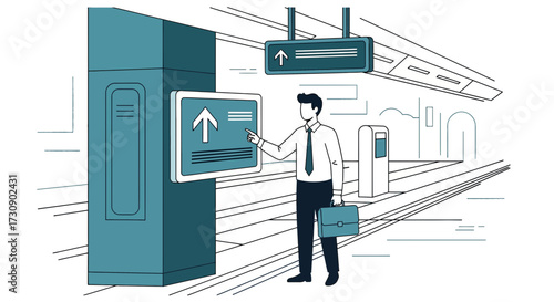 Man interacting with digital information display at a modern transportation hub