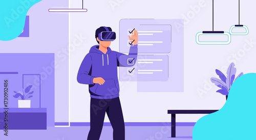 Man wearing VR headset interacting with a virtual to-do list in a modern interior setting
