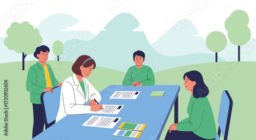 Meeting with doctor in a green area for healthcare documents and discussion about treatment plan