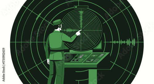 Military operator monitoring radar screen for potential threats and maintaining vigilance