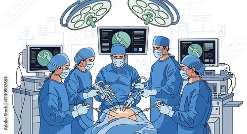 Minimally invasive robotic surgery performed by a surgical team in an operating room