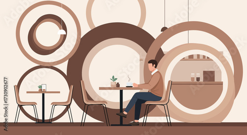 Modern coffee shop interior design with a person enjoying a coffee in a cozy ambience