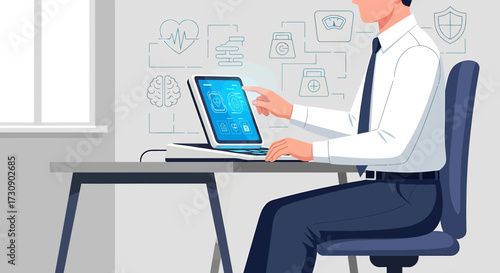 Modern healthcare professional interacting with a digital health platform on a tablet in office