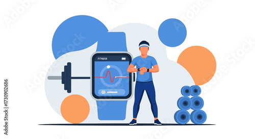 Modern fitness tracking illustration featuring a man with a smartwatch and gym equipment
