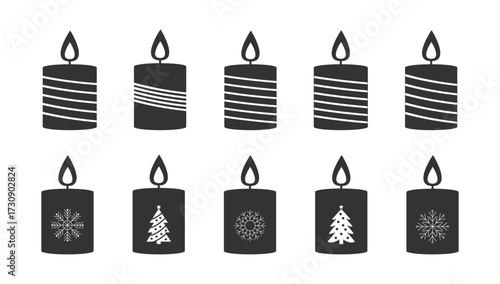Silhouettes candles with flames arranged in a row on a white background for celebration and festivities. Vector illustration