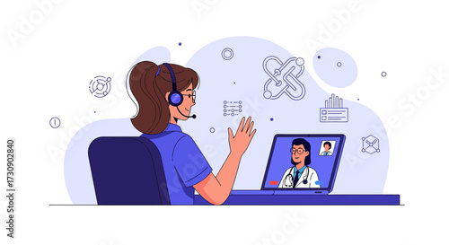 Online medical consultation illustration depicting telemedicine and virtual healthcare services