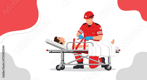 Paramedic secures injured man on stretcher for transportation to hospital emergency room