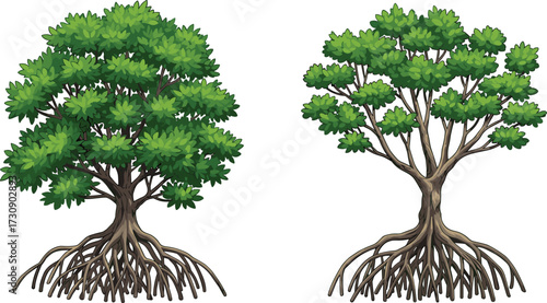 Mangrove trees with complex root systems in coastal wetland habitat, tropical forest illustration for environmental conservation and botanical education themes