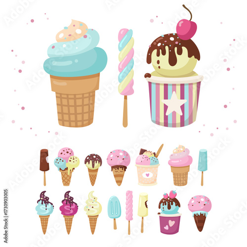 Set of ice cream in different shapes. Popsicle, ice cream on a stick, in a cup, in a waffle. Pastel colors, restrained color scheme. White background.