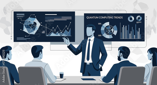 Quantum Computing Trends Presented to an Audience in a Business Meeting Showing Data Analysis