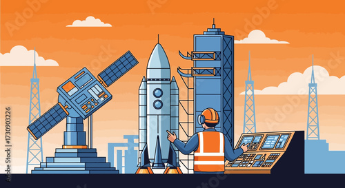 Rocket launch preparation at a spaceport with engineer conducting final checks on the rocket