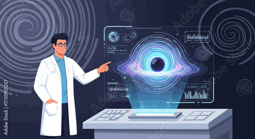 Scientist Analyzing Black Hole Data Displayed on a Futuristic Holographic Screen