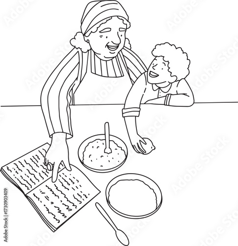 grandmother cooking soup line vector minimalistic art illustration. Vector illustration