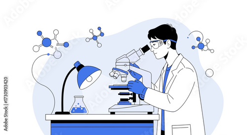 Scientist analyzing sample under a microscope in a laboratory with blue accents and molecules