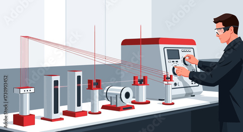 Scientist conducting experiment with laser beams in a laboratory setting and equipment is very