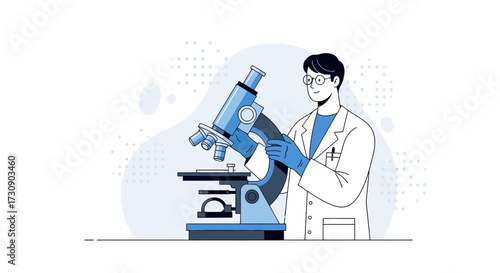 Scientist conducting research with a microscope in a laboratory illustration with scientific