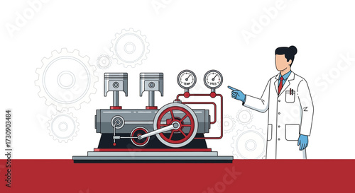 Scientist Explaining the Operation of a Complex Steam Engine Mechanism with Gauges and Gears