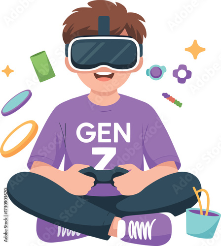 Young Gen Z Gamer Wearing VR Headset Playing Videogame Isolated on Transparent Background
