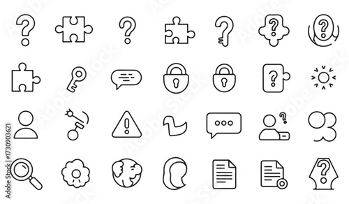 Set of knowledge and query outline icons showing problem solving, chat, teamwork, search, puzzle, idea lightbulb, documents, and warning signs