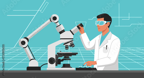 Scientist using robotic arm and microscope for research and experimentation in the lab