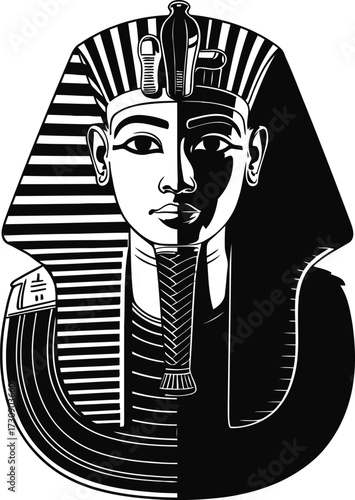 Black and White Ancient Egyptian Pharaoh Tutankhamun with Striped Headdress