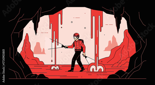 Speleologist explores a dark cave passage with headlamp and professional equipment illustration