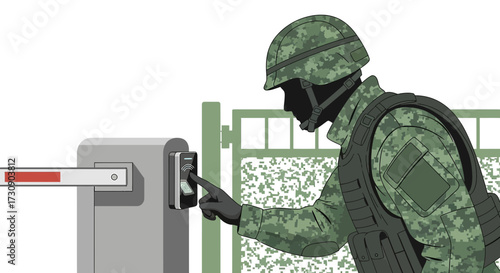 Soldier in camouflage uniform using security access control system at gate checkpoint illustration