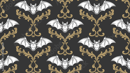 Seamless pattern featuring Victorian-style bats and ornate designs  