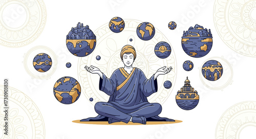 Spiritual Harmony: Meditating Figure Balancing Symbolic Worlds with Serene Focus and Tranquility