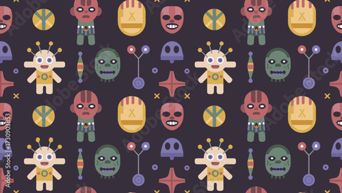 Halloween-themed seamless pattern with colorful characters and icons  