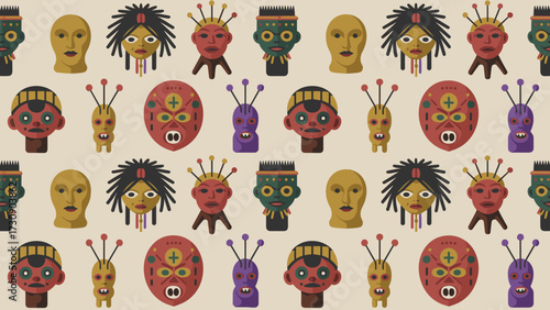 Voodoo-themed seamless pattern featuring colorful masks and icons  