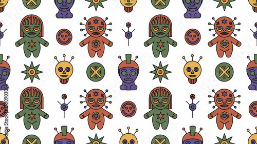 Colorful Halloween-themed seamless pattern with voodoo icons and symbols  