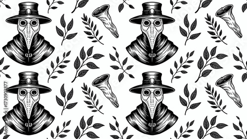 Plague doctor masks seamless pattern in black and white design  