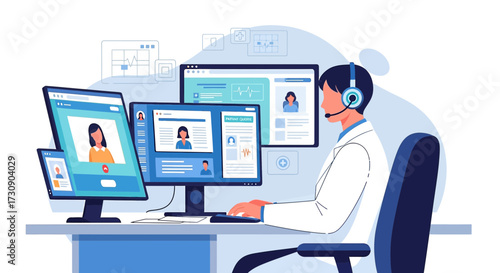 Telehealth consultation with doctor conducting virtual appointment on computer monitors