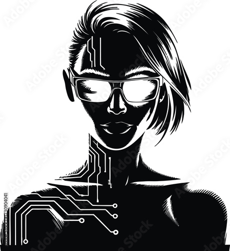 Cyberpunk Girl Vector Illustration with Circuitry Implants, Modern Futuristic Design.