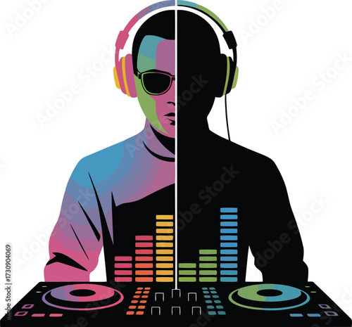 Dichromatic DJ Portrait with Turntable and Equalizer Bars