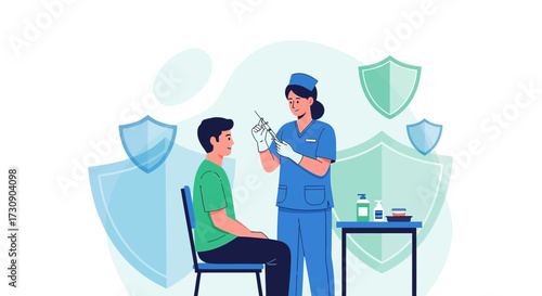 Vaccination campaign illustration featuring a nurse administering a vaccine to a patient in a