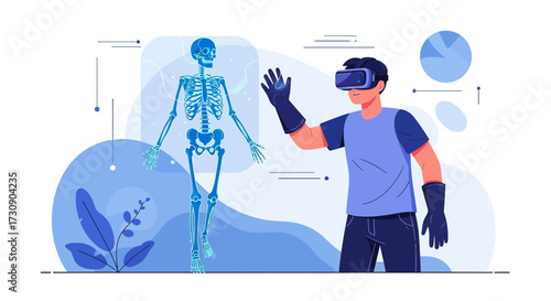 Virtual Reality Medical Training: A man interacts with a skeleton using VR technology for