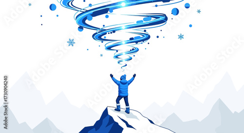 Winter Vortex Vector Illustration of a person on mountain summit watching