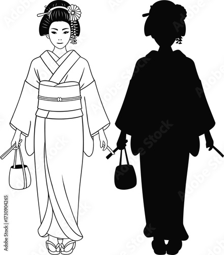 Geisha Vector Illustration in Kimono with Silhouette, Traditional Japanese Woman Art.