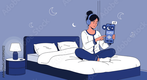 Woman listening to soothing music on her phone to help her fall asleep in bed at night