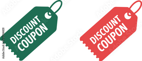Two colorful discount coupons, one green and one red, ready for savings and special offers.