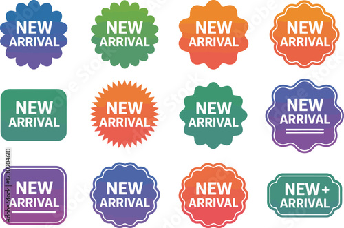 Collection of vibrant 'New Arrival' badges and stickers in various colorful shapes and designs