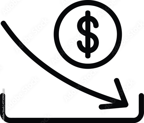Financial decline represented by a downward arrow and a falling dollar coin into a container.
